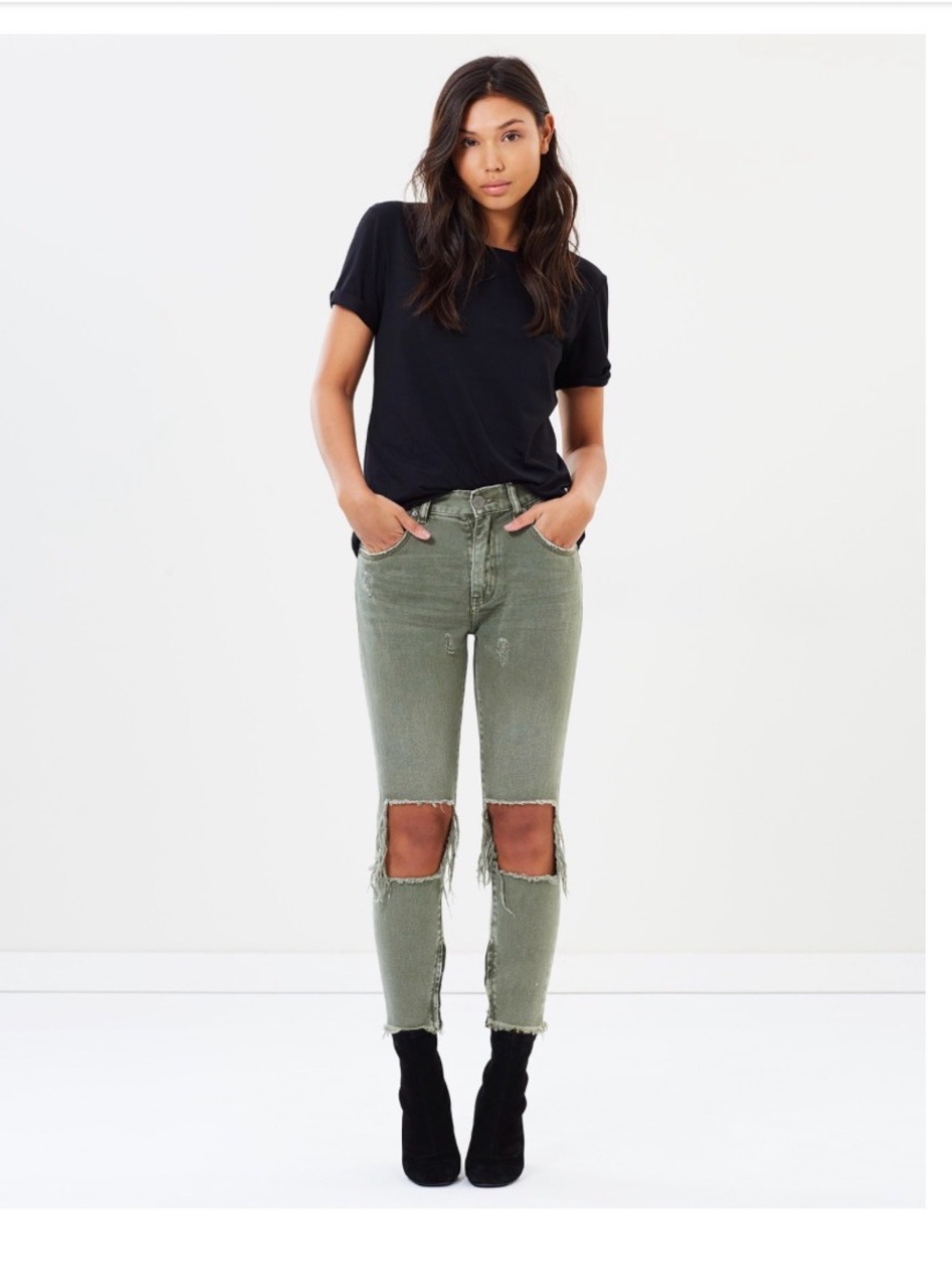 One Teaspoon Khaki High-Rise Freebird Skinny Jeans with Distressed Knee Panels